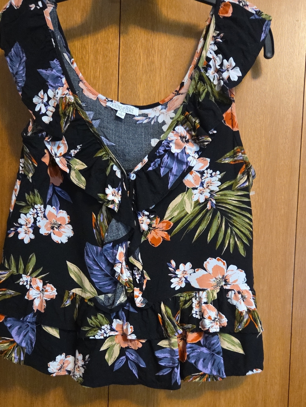 Patrons Of Peace Floral Ruffle Tank with Peach & Green Accents